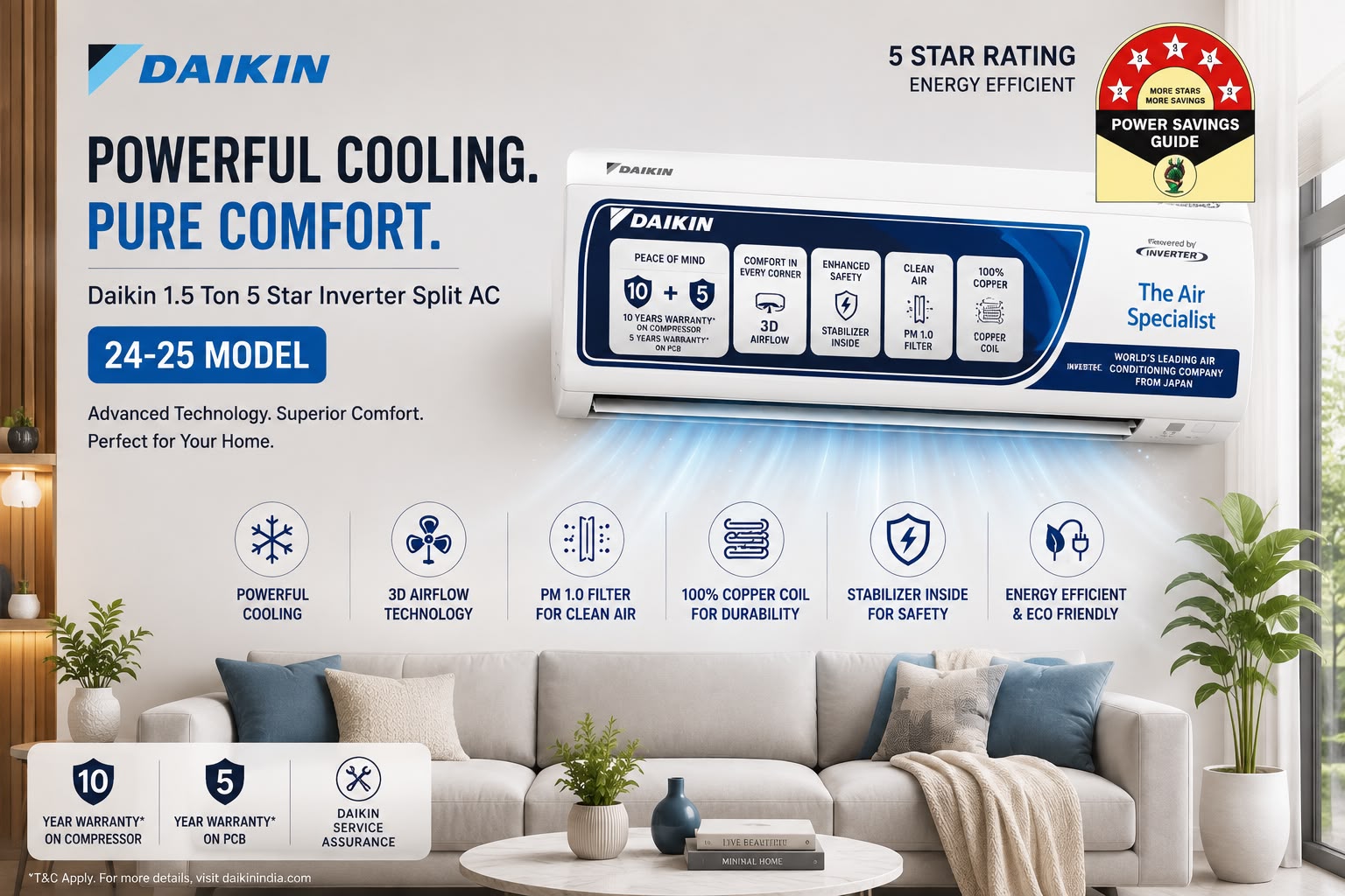 Daikin 1.5 Ton 5 Star Inverter Split AC 2025–26 - JTKJ50U